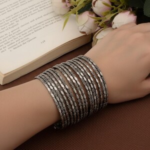 Oxidized Silver Brass Cuff Bracelet, Tribal Wide Arm Bangle, Adjustable Boho Jewelry, Handmade Statement Bracelet, Ethnic Gift for Women