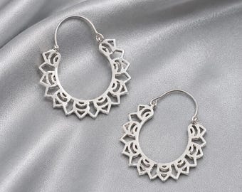 Silberne Filigran-Creolen, geometrische Statement-Ohrringe, Boho-Mandala-Creolen, aufwendig gearbeitete Ohrringe, Geschenkidee für Sie