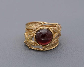 Brass Garnet Ring | Handmade Wide Band Boho Jewelry | Red Gemstone Healing Ring | Vintage Statement Ring | Unique Gift for Women