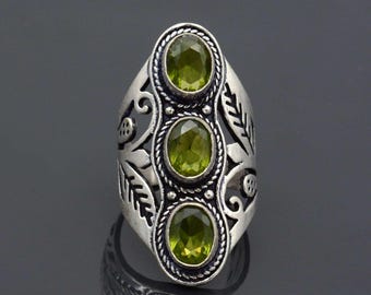 Triple Peridot Brass Ring, Handmade Oxidized Boho Jewelry, Adjustable Vintage Statement Ring, Green Gemstone Spiritual Healing Ring for Her