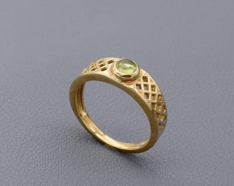 Peridot Brass Ring | Handmade Green Gemstone Jewelry | August Birthstone Ring | Geometric Gold Band | Unique Boho Gift for Women
