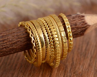Gold Textured Stacking Ring Set, 9 Pcs Boho Brass Band Rings, Minimalist Layering Jewelry, Dainty Adjustable Rings Gift for Her