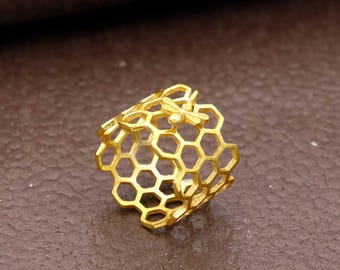 Handmade Brass Honeycomb Bee Ring, Adjustable Boho Jewelry