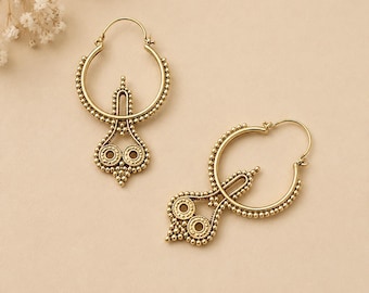 Gold Filigree Hoop Earrings, Boho Statement Earrings, Ornate Dangle Hoop Jewelry, Intricate Ethnic Earrings, Vintage Inspired Gift