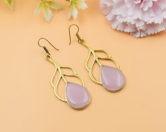 Roze edelsteen messing hangoorbellen, handgemaakte boho drop oorbellen, statement sieraden voor bruiloft, festival, feest, cadeau voor vrouwen voor haar