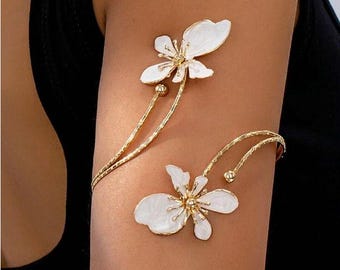 Floral Enamel Open Cuff Bracelet, Gold Tone Bangle