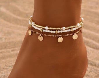 Layered Gold Anklet Set for Women, Beaded Pearl, Summer, Beach, Anklets