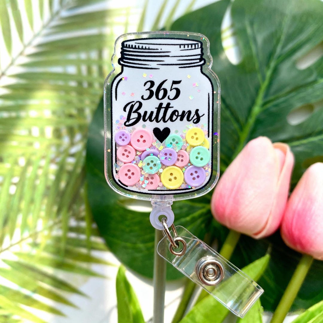 365 Buttons Badge Reel | Cute Jar Name Tag Holder | Retractable ID ...