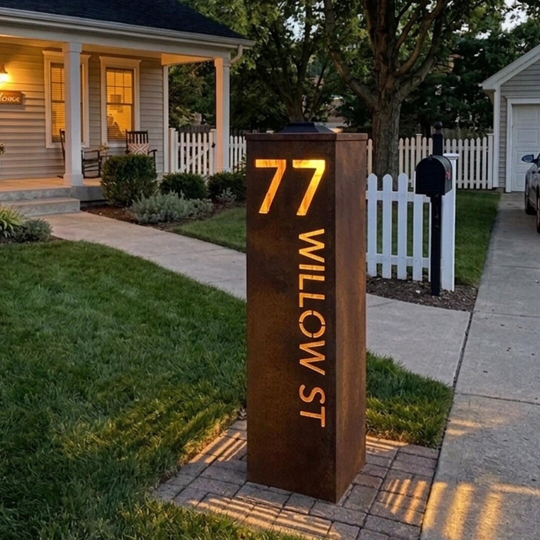 Personalized Address Column Sign, Metal Steel House Number Post, Modern ...