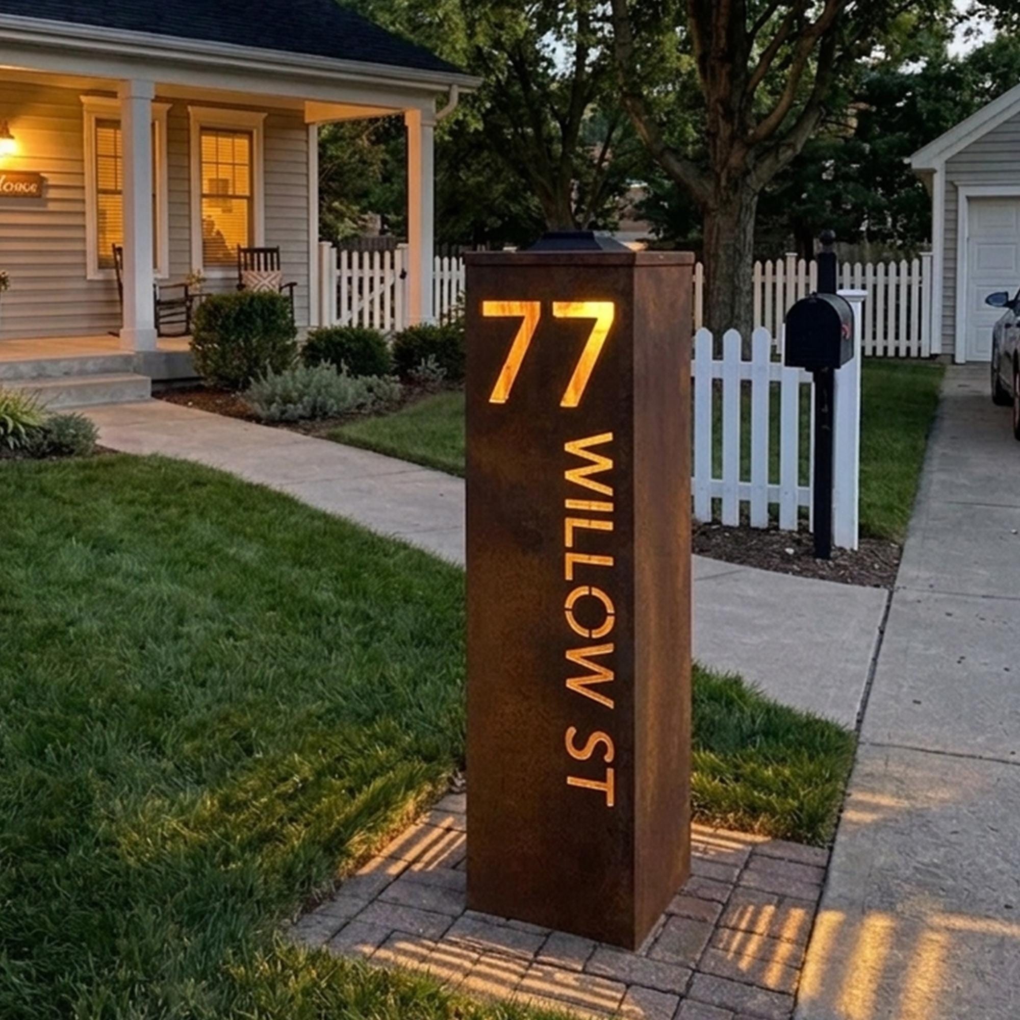 Personalized Address Column Sign, Metal Steel House Number Post, Modern ...