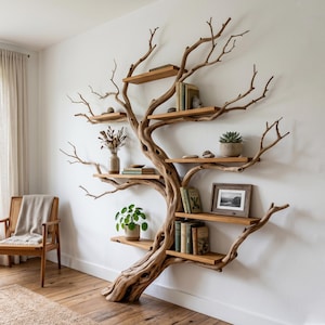 Op de afbeelding: Een uniek, boomvormig boekenrek van natuurlijk hout, bevestigd aan een witte muur. De planken bevatten boeken, planten en decoratieve items. Het ontwerp omvat de natuurlijke vorm van de boomtakken, wat een rustieke, artistieke weergave creëert.