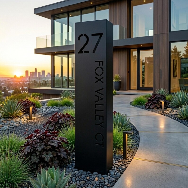 Personalized Address Column Sign, Metal Steel House Number Post, Modern ...