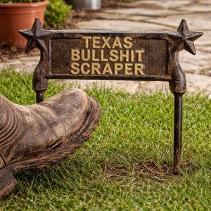 May include: A weathered metal Texas Bullshit Scraper sign with star accents, set in a grassy yard. The sign is brown with gold lettering. A worn boot rests on the grass near the sign.