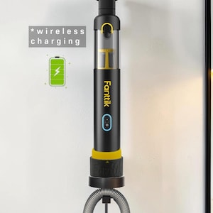 May include: A black and yellow cordless vacuum cleaner with the brand name "Fanttik" displayed. The vacuum is mounted on a wall and features a flexible hose and various attachments. The text "wireless charging" is also visible.