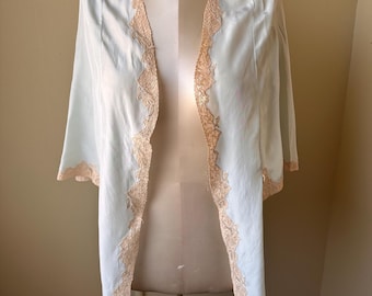 Vintage 1930s Pale Blue Silk Bed Jacket with Blush Lace Trim