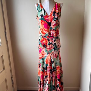 1930s Floral Silk Evening Gown: Art Deco Bias Cut Slip Dress