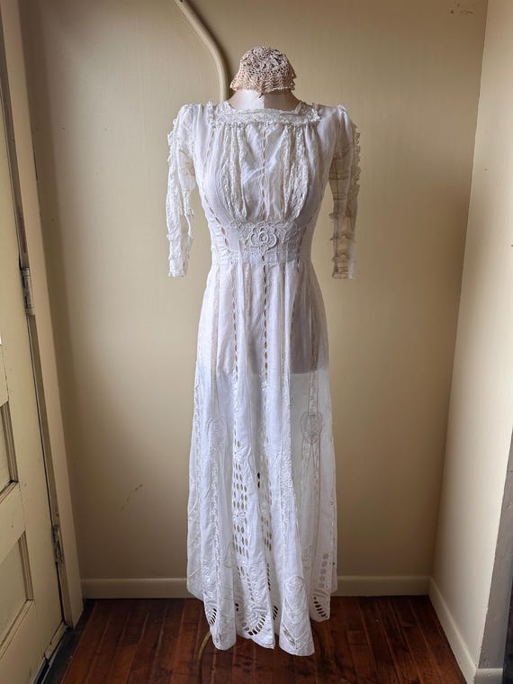 Antique Edwardian Lace Tea Dress: 1900s Embroidered Cotton Lawn Gown - Etsy Antique Edwardian Lace Tea Dress: 1900s Embroidered Cotton Lawn Gown - Etsy
