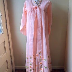 Vintage Korean Hanbok | Peach Pink Floral Chiffon Dress with Underdress