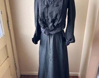 Antique Edwardian Mourning Ensemble | Black Silk Two-Piece Bodice & Skirt