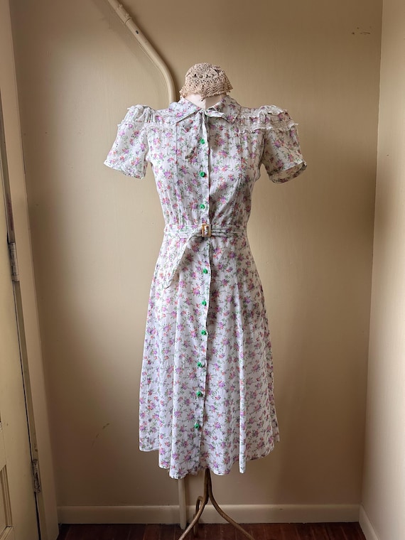 1940s Floral Cotton Day Dress | Vintage Puff Sleeve Cottagecore - Etsy