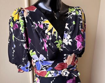 1930s Black Floral Evening Gown: Vintage Old Hollywood Maxi Dress