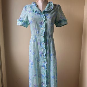 1930s Aqua Floral Cotton Day Dress: Vintage Ruffle Tea Dress