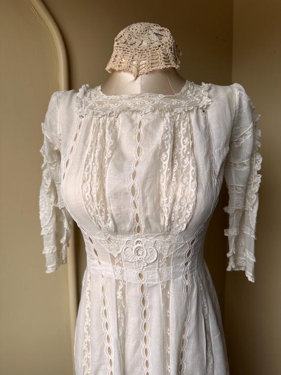 Antique Edwardian Lace Tea Dress: 1900s Embroidered Cotton Lawn Gown View 2