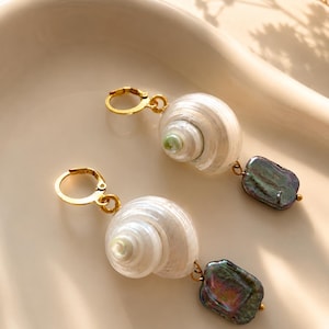 Stainless Steel Shell Earrings with Freshwater Pearl | Ocean Inspired Dangle Earrings | Gold Seashell Earrings | Beach Jewelry | Gift