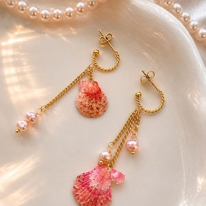 Asymmetrical Pink Seashell Earrings – Freshwater Pearl Earrings – Gold Stainless Steel Coastal Jewelry – Cute Ocean Inspired Dangles