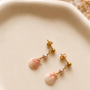 Könnte beinhalten: Ein Paar goldfarbene Ohrstecker mit hängendem Design. Jeder Ohrring besteht aus einer kleinen, runden, hellrosa Perle, die mit einer zarten, fächerförmigen Muschel mit weißen und zartrosa radialen Mustern an einer goldenen Metallkette verbunden ist.