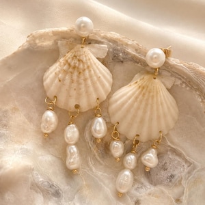 Könnte beinhalten: Ohrringe mit Muscheln und baumelnden Süßwasserperlen. Jeder Ohrring hat eine cremefarbene Jakobsmuschel, eine kleine Perle oben und mehrere tropfenförmige Perlen unten. Goldfarbene Metallakzente runden das Design ab.