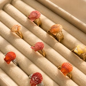Könnte beinhalten: Eine Sammlung von Muschelschmuckringen in verschiedenen Farben, darunter Rot, Orange und Gelb. Die Ringe werden in einer beigen Schmuckschatulle präsentiert. Die Ringe haben goldene und silberne Bänder.
