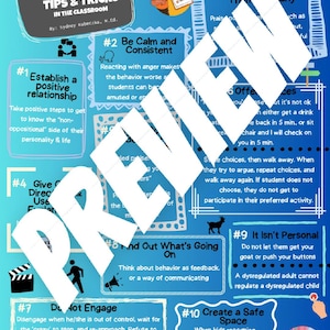May include: A blue infographic titled "Odd Tips & Tricks in the Classroom" with ten numbered tips. The tips include establishing positive relationships, being calm, posting classroom rules, and creating a safe space.