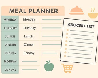 May include: A meal planner and grocery list illustration. The meal planner includes days of the week, with space for meal planning. A grocery list is on the right. The image also includes icons of a covered dish, a bowl of soup, an apple, and a shopping cart.