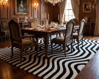 May include: A formal dining room with a dark wood table set for a meal. The room features a black and white patterned rug, ornate chairs, and a crystal chandelier. Paintings and sconces adorn the wood-paneled walls, creating an elegant atmosphere.