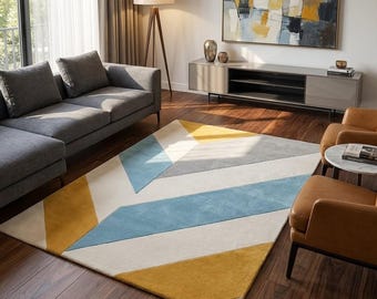 Hand Tufted Wool Rug, Modern Geometric Area Rug, Abstract Blue Mustard Rug Contemporary Living Room Rug, Mid Century Home Decor Custom 8x10
