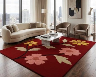 Hand Tufted Floral Area Rug Modern Flower Wool Rug Botanical Living Room Rug Handmade Tufted Carpet Bedroom Decor Rug Contemporary Floor Rug