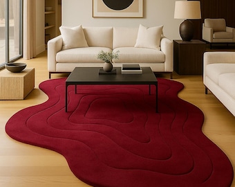 Hand Tufted Abstract Organic Shape Rug Modern Burgundy Wool Area Rug Contemporary Designer Carpet Luxury Living Room Decor Custom Size 8x10