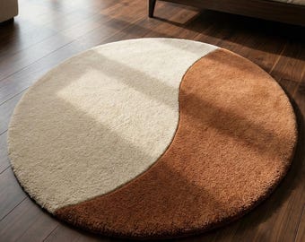 Alfombra de lana tejida a mano: Alfombra redonda moderna marrón y beige – Alfombra minimalista abstracta con ondas para sala de estar, decoración neutra para espacios amplios