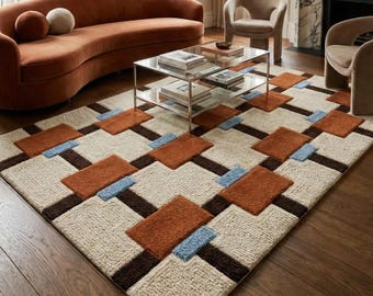 Hand Tufted Wool Area Rug, Modern Geometric Mid Century Rug, Abstract Grid Pattern Carpet, Designer Living Room Bedroom Rug Custom Size 8x10