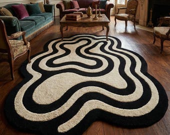 Hand -tufted Wool Rug:Modern Abstract Wavy Area Rug Black and Beige Accent Carpet For Living Room 5x8 8x10 9x12 Custom Size Rug
