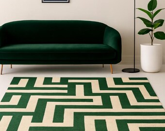 Alfombra geométrica moderna con mechones hechos a mano, abstracta en verde marfil, de lana contemporánea para sala de estar, dormitorio y decoración del hogar.