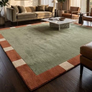 Sage Green Hand Tufted Wool Rug Terracotta Geometric Border MidCentury Modern Minimalist Area Rug for Living Room Bedroom Custom Carpet 8x10 image 1