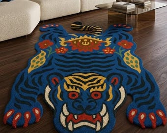 Blue Tibetan Tiger Rug, Hand Tufted Animal Carpet, Maximalist Room Decor, Funky Boho Statement Area Rug, Unique Living Room Bedroom Art