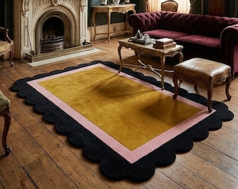 Modern Scalloped Border Rug Hand Tufted Wool Area Rug Minimalist Geometric Rug Contemporary Statement Rug for Living Room Bedroom Home Decor