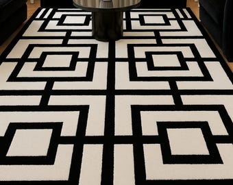 Modern Black And white Geometric Area Rug Luxury Hand-Tufted Contemporary Living Room Carpet, Bold Pattern Home Decor Custom Size 8x10