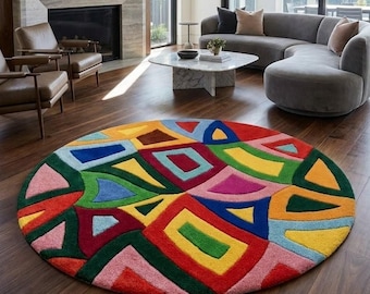 Colorful Abstract Round Rug, Geometric Tufted Carpet, Funky Maximalist Room Decor, Mid Century Modern Floor Mat Custom Size 5x5 Rug