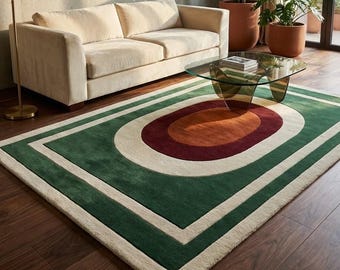 Mid Century Modern Wool Rug, Hand Tufted Abstract Geometric Area Rug, Retro Funky Green Orange Aesthetic Living Room Decor Custom Size 8x10