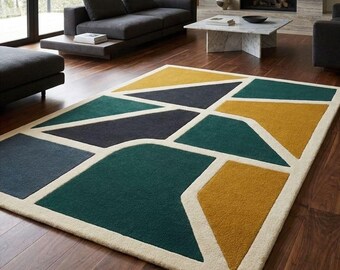 Modern Geometric Hand Tufted Rug, Abstract Area Rug, Green Mustard Navy Carpet, Minimalist Living Room Decor Custom Size Rug 8x10