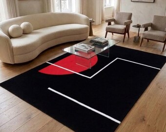 Modern Geometric Tufted Rug Black Red  Abstract Area Rug Handmade Wool Carpet Minimalist Contemporary Living Room Decor Custom Size 8x10